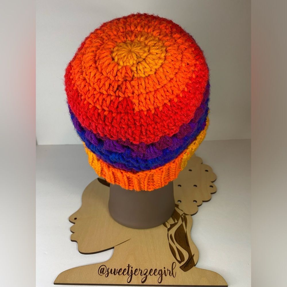 Favorite Rainbow stripe Handmade Crochet Acrylic Granny Stripe Stitch Beanie OS - Picture 6 of 10